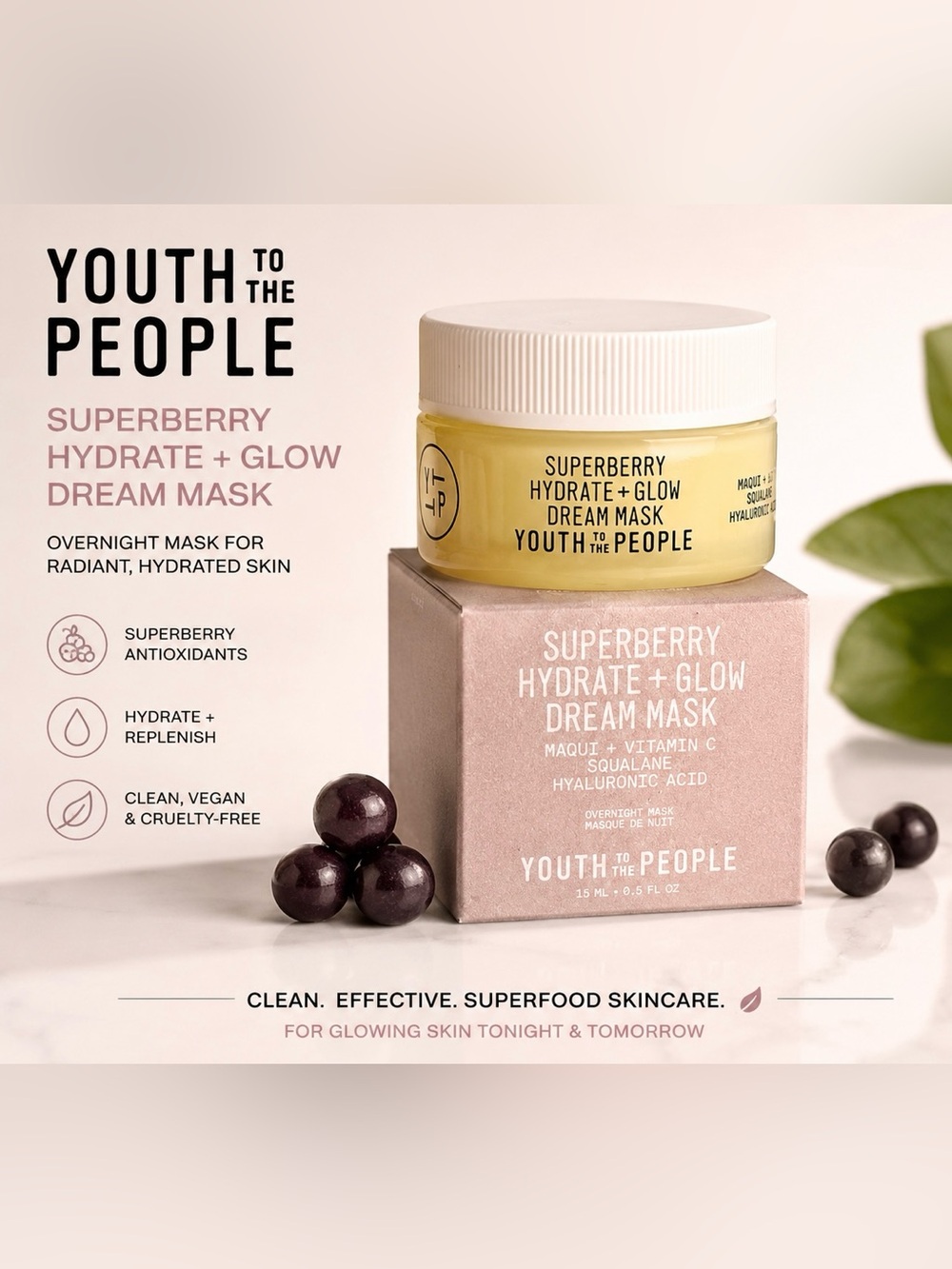 NIB! Youth To The People Superberry Hydrate + Glow Dream Night Cream + Mask